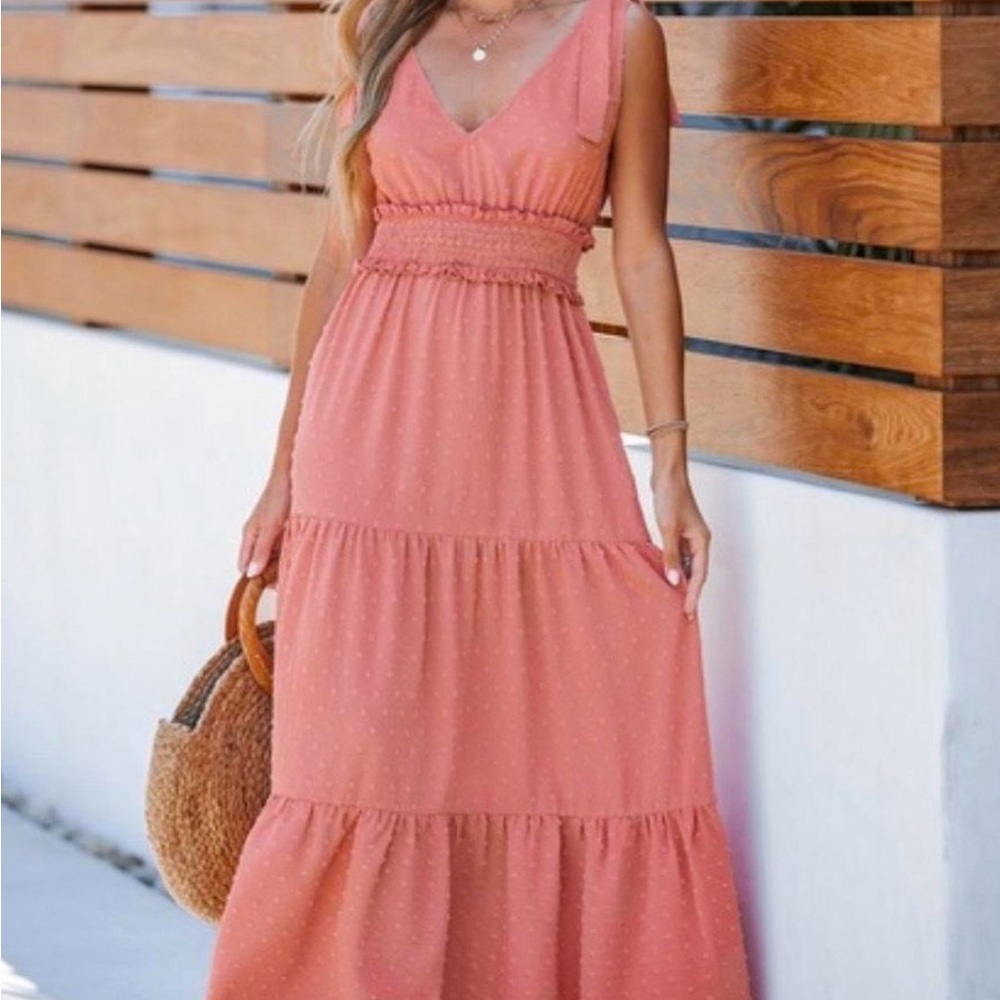 Free People Dusty Coral Tiered V‑Neck Maxi Dress